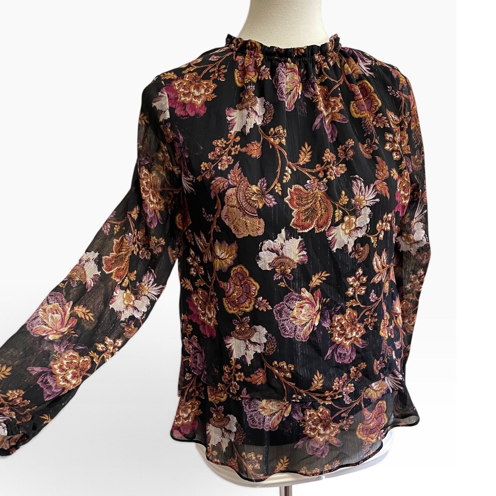 Nine West Floral Smocked Neck Blouse Womens Small Black Tiered Ruffle Shimmer
